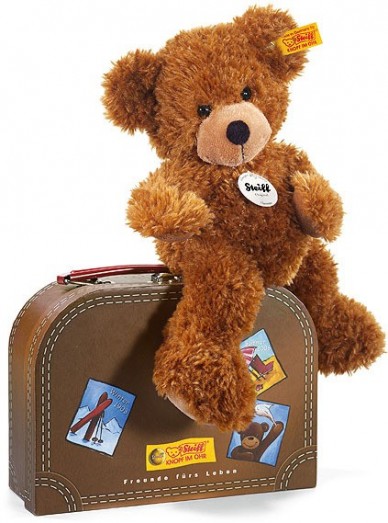 Retired Steiff Bears - HANNES TEDDY BEAR IN SUITCASE GOLDEN BROWN 28CM